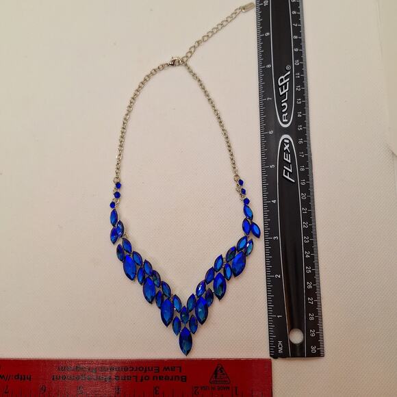 Blue/Pink Rhinestone Necklace/ Earring Set  Drop Earrings Silver Tone - Picture 4 of 6